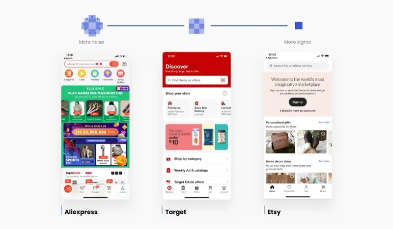 Capturas de tela das homepages mobile da AliExpress, Target e Etsy