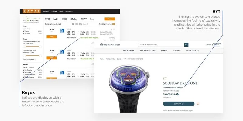 Capturas de tela dos sites Kayak e The Watch Pages