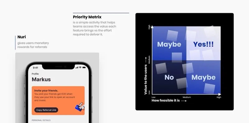 Captura de tela do app Nuri e da Matriz de Prioridade
