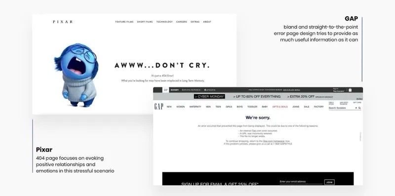 Capturas de tela das páginas 404 da Pixar e do GAP