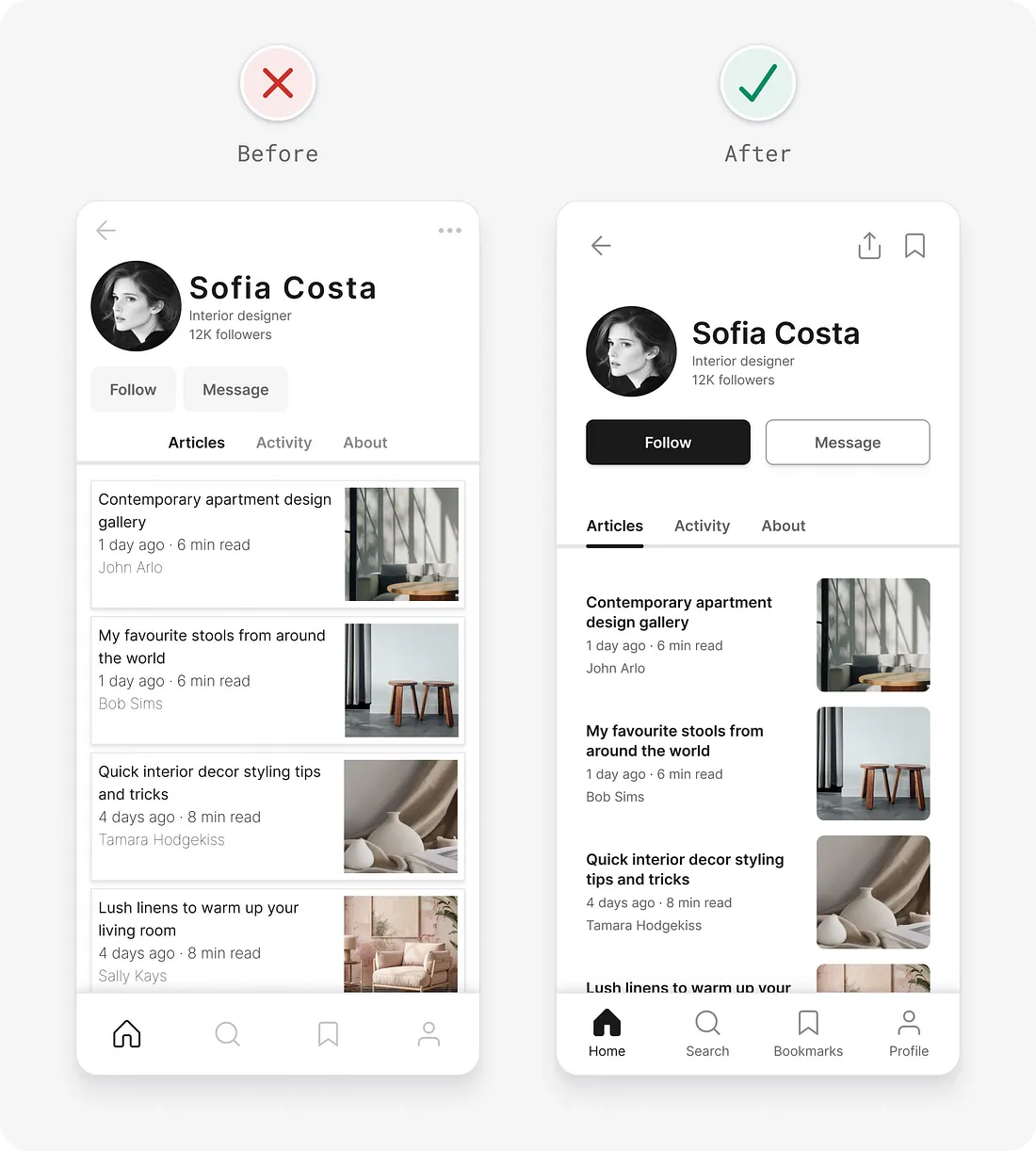 Dicas de UI para interfaces mais eficientes: antes e depois de tela de aplicativo.