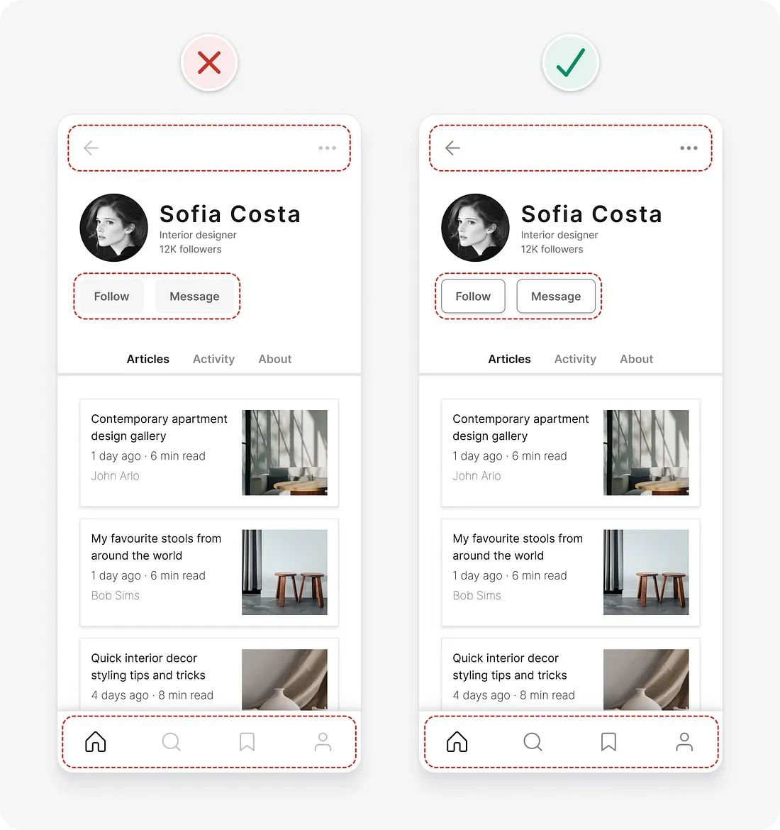 Dicas de UI para interfaces mais eficientes: antes e depois de aplicar contraste.