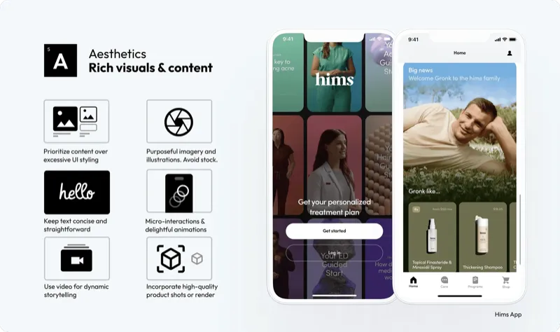 Conteúdo visual: capturas de tela do app Hims