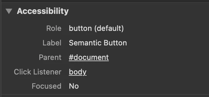 Painel de Acessibilidade do DevTools mostrando o role acessível de button com um label de Semantic Button.