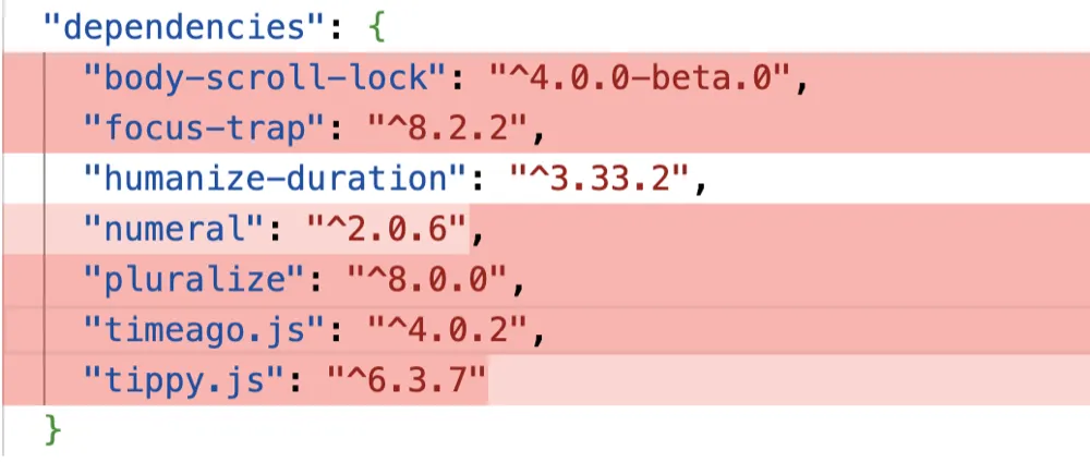 Git diff mostrando dependências npm removidas em vermelho de um arquivo package.json, ilustrando como o Baseline ajuda a reduzir o tamanho do bundle JavaScript