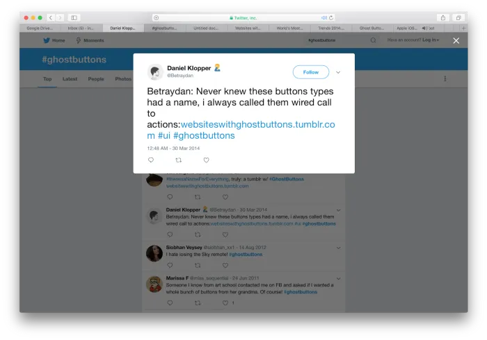 Primeiro tweet conhecido sobre botões fantasma.