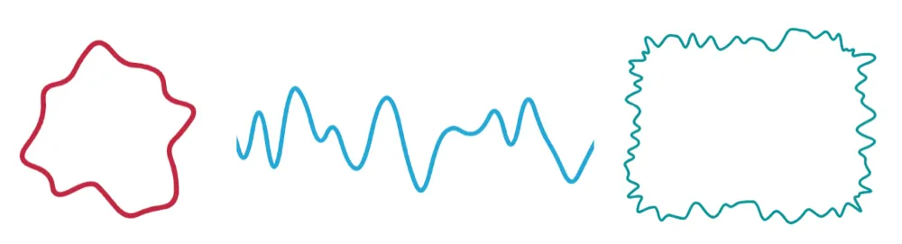 Formas só com borda usando a propriedade CSS border-shape, incluindo um círculo vermelho irregular, uma linha azul ondulada e um retângulo azul irregular.