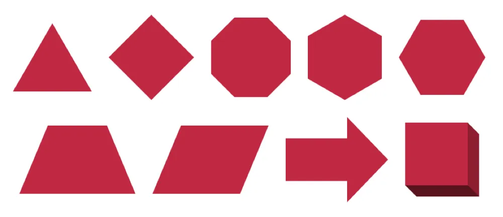 Formas feitas só com CSS (triângulo, losango, hexágono etc.).