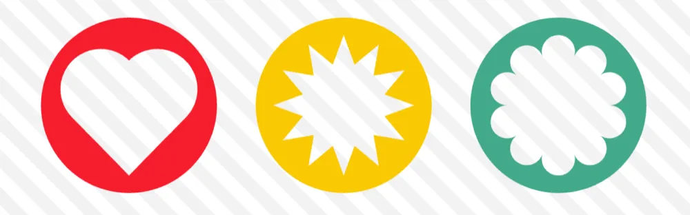 Quatro formas vazadas a partir de círculos com cores preenchidas: um coração sobre fundo vermelho, uma explosão de estrela sobre amarelo, uma flor sobre verde e um quadrado irregular sobre azul.