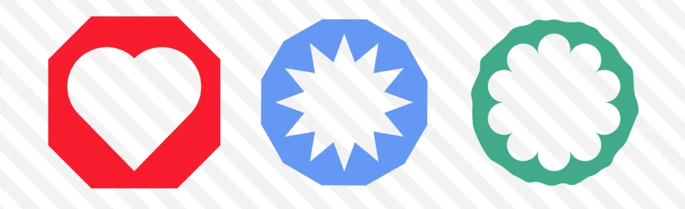 Quatro formas vazadas a partir de polígonos com cores preenchidas: um coração sobre fundo vermelho, uma explosão de estrela sobre amarelo, uma flor sobre verde e um quadrado irregular sobre azul.
