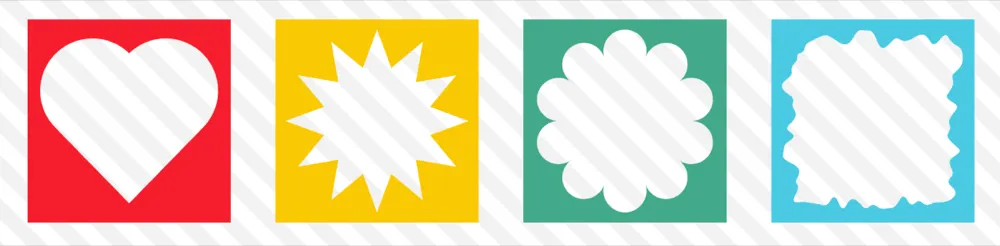 Quatro formas vazadas a partir de quadrados com cores preenchidas: um coração sobre fundo vermelho, uma explosão de estrela sobre amarelo, uma flor sobre verde e um quadrado irregular sobre azul.