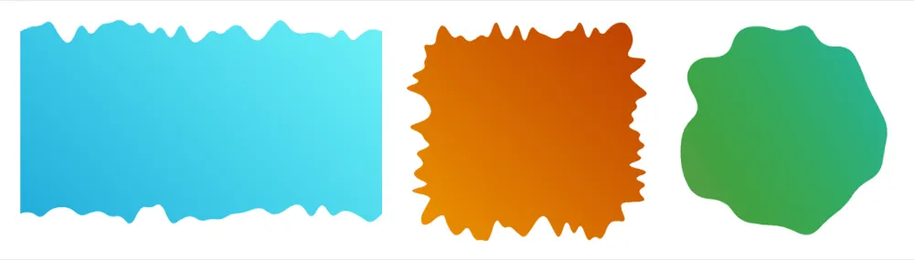 Três formas retangulares com bordas irregulares e recortadas: a primeira azul, depois laranja, depois verde.