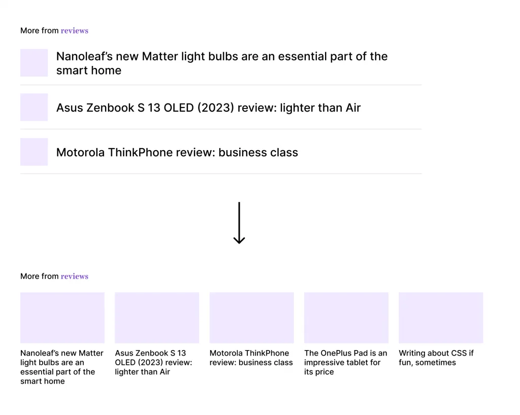 Comparativo de layouts: com 3 itens e com mais de itens, mostrando que CSS Condicional pode ser usado em muitos casos de uso diferentes.