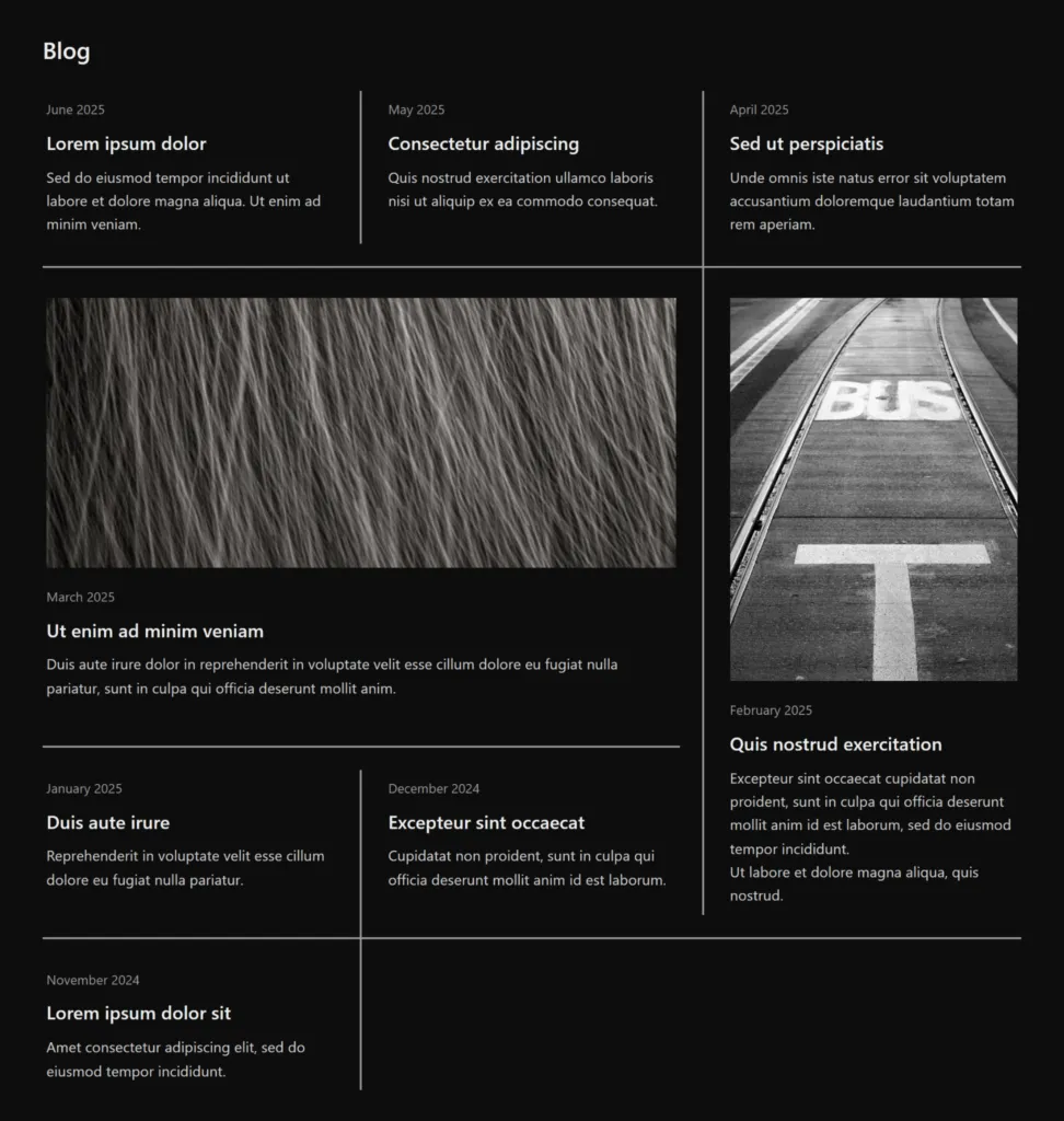Um grid de blog com uma série de oito posts ocupando diferentes colunas e linhas, com linhas brancas conectando as colunas e linhas.