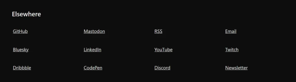 Um grid de quatro por três de links.