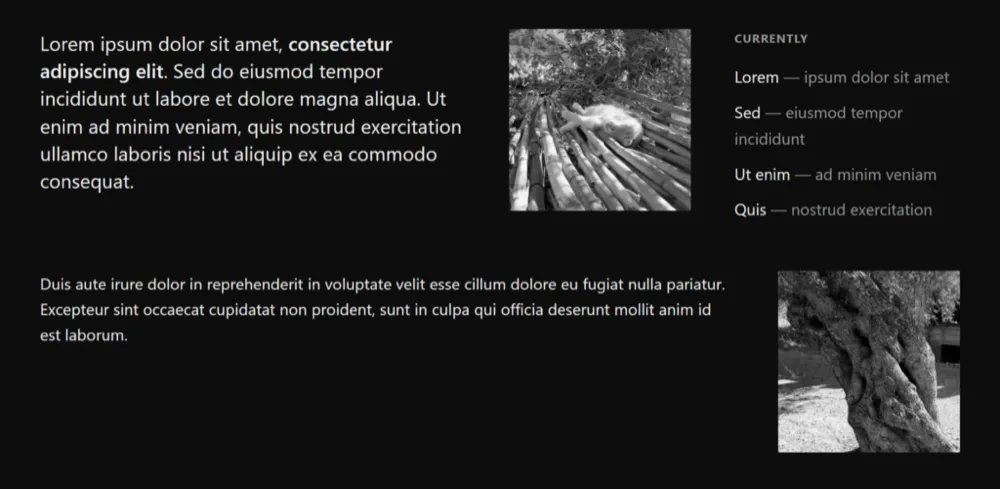 Dois cards de post com texto à direita e imagem à esquerda, empilhados verticalmente, onde o post de baixo é mais largo que o de cima.