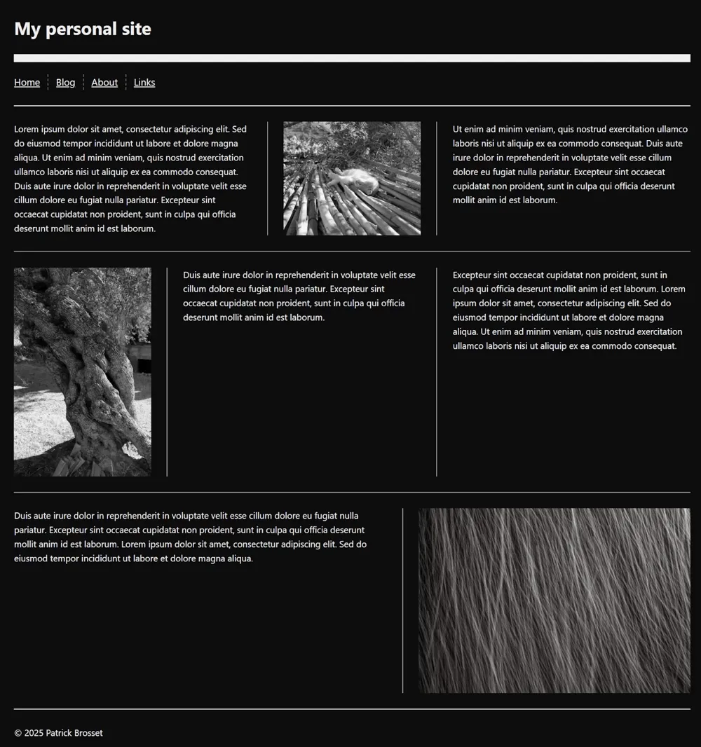 Homepage de um site pessoal com fundo preto e texto branco, mostrando linhas brancas entre os posts do blog.
