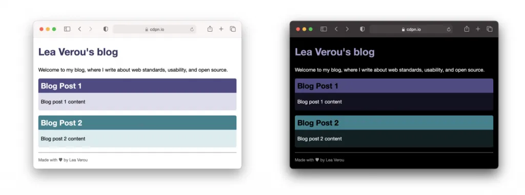 Dark Mode: diferença entre modo claro e modo escuro usando variáveis de cor HSL.