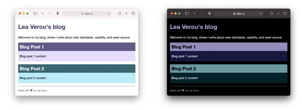 Dark Mode: diferença entre modo claro e modo escuro usando variáveis de cor LCH.