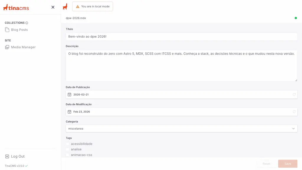 Interface do TinaCMS com o conteúdo do blog