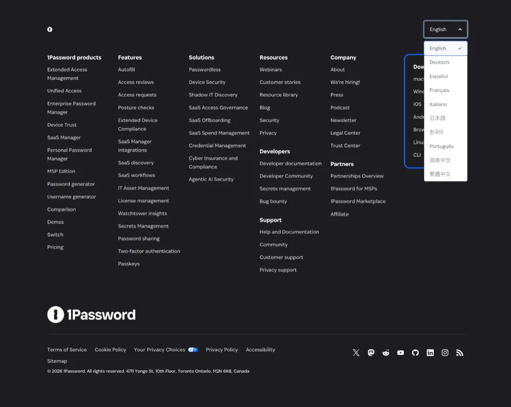 Rodapé denso e multicoluna do 1Password com o dropdown de idioma aberto, listando dez idiomas