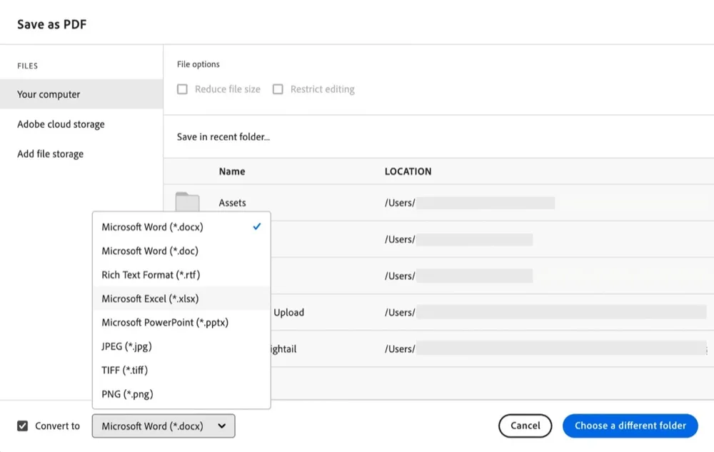 Modal de exportação do Adobe Acrobat com o dropdown de formato de arquivo no canto inferior esquerdo