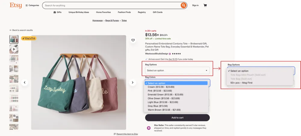 Página de produto da Etsy com dropdowns separados para opções e cores da bolsa, e um destaque mostrando que o esgotamento só aparece depois de abrir o menu