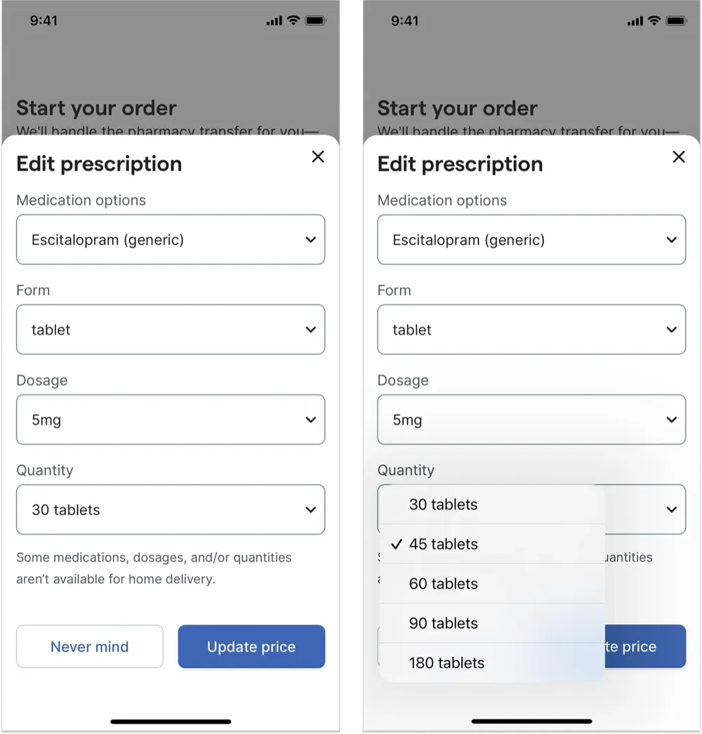 Dropdown de quantidade de comprimidos com cinco opções: 30, 45, 60, 90 e 180