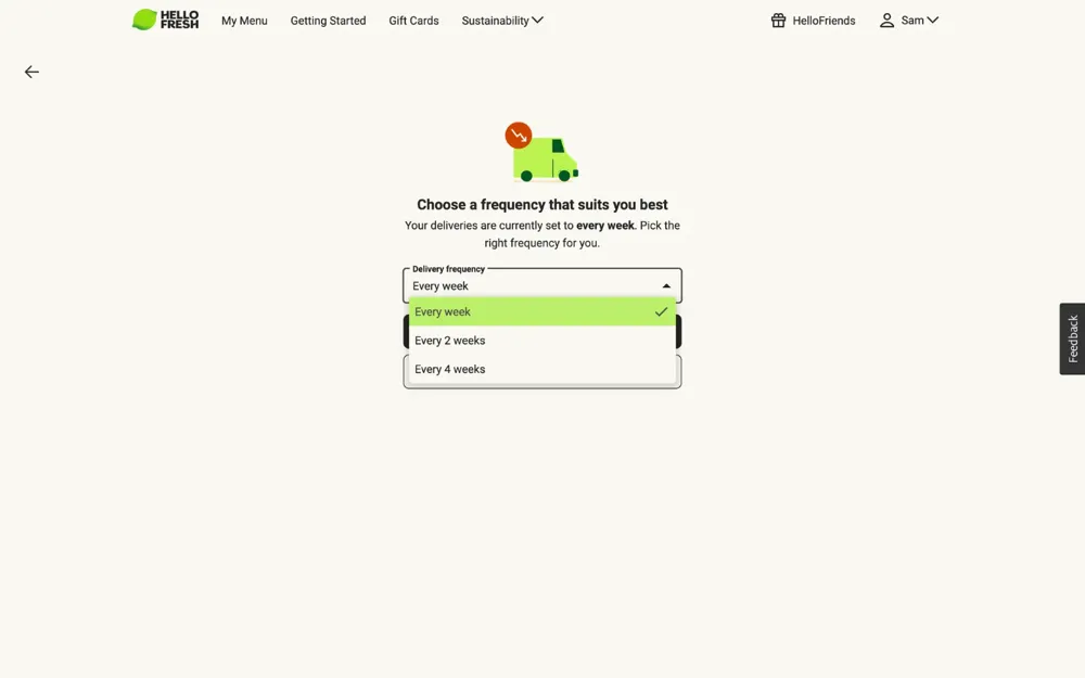 Dropdown de frequência de entrega do HelloFresh aberto com apenas três opções, cercado de espaço vazio