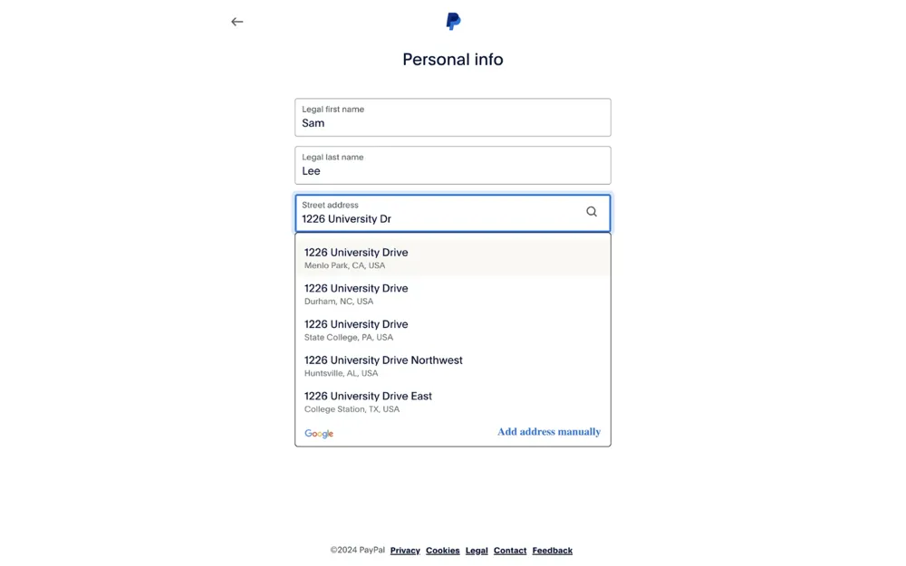 Cadastro do PayPal com campo de endereço exibindo sugestões correspondentes, sem campo separado de estado