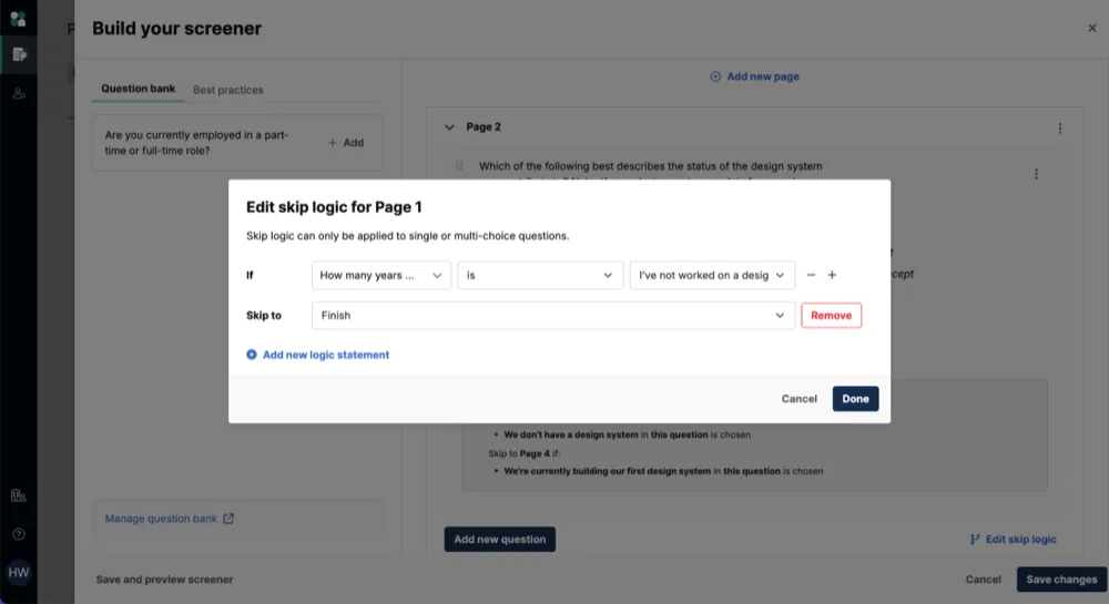Editor de skip logic da User Interviews, com dropdowns inline formando uma frase condicional