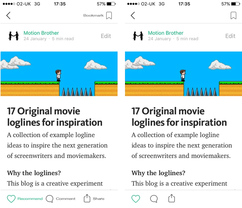 Sugestão de Redução progressiva no app do Medium