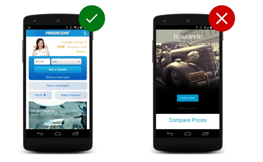 Comparativo de certo e errado em apresentar informações em mobile