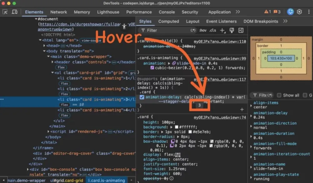 Painel Elements do Chrome DevTools mostrando os valores computados de sibling-index() e sibling-count() de um elemento