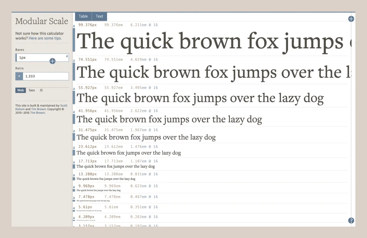Processo para escolher fontes: screenshot da ferramenta Modular Scale