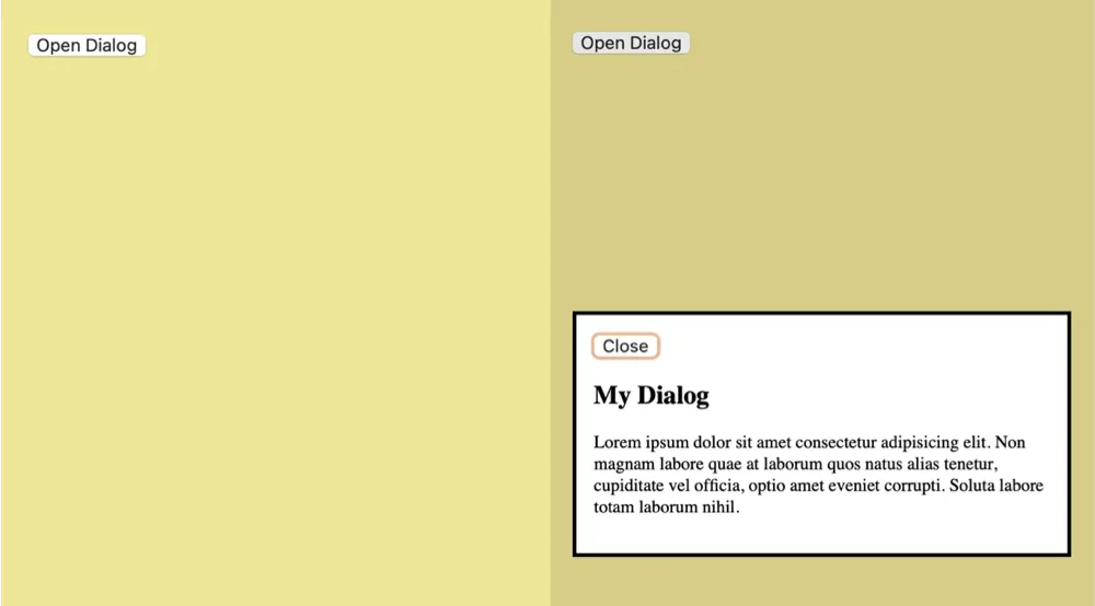 Estados aberto e fechado do dialog lado a lado. O lado esquerdo tem um fundo cáqui e o lado direito tem uma cor um pouco mais escura