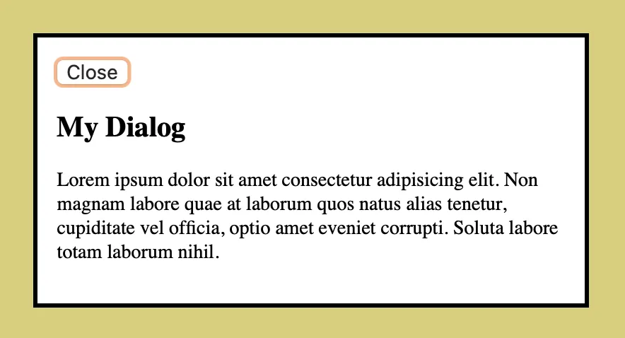 Dialog aberto com o botão de fechar em destaque, indicando que ele recebeu o foco automaticamente
