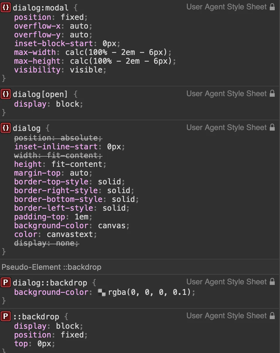 Painel de estilos do DevTools mostrando os estilos de user agent para dialog, backdrop do dialog, dialog aberto e dialog modal