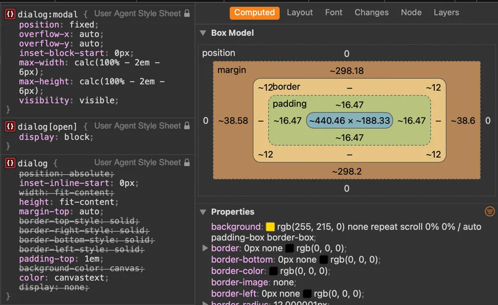 Painel do DevTools mostrando o valor de margin aplicado pelo user agent ao elemento dialog, responsável por centralizá-lo